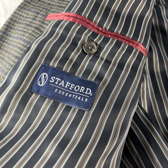 Stafford Essentials Blazer Mens 52R Gray Brown Blue Check With Elbow Patches - Picture 6 of 14